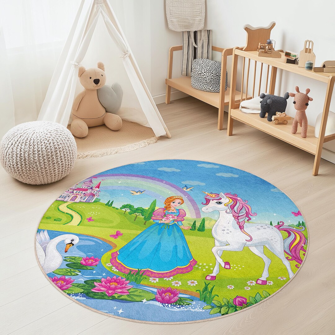 Magical Princess Unicorn Round Kids Rug, Fairy Tale Play Mat, Colorful ...