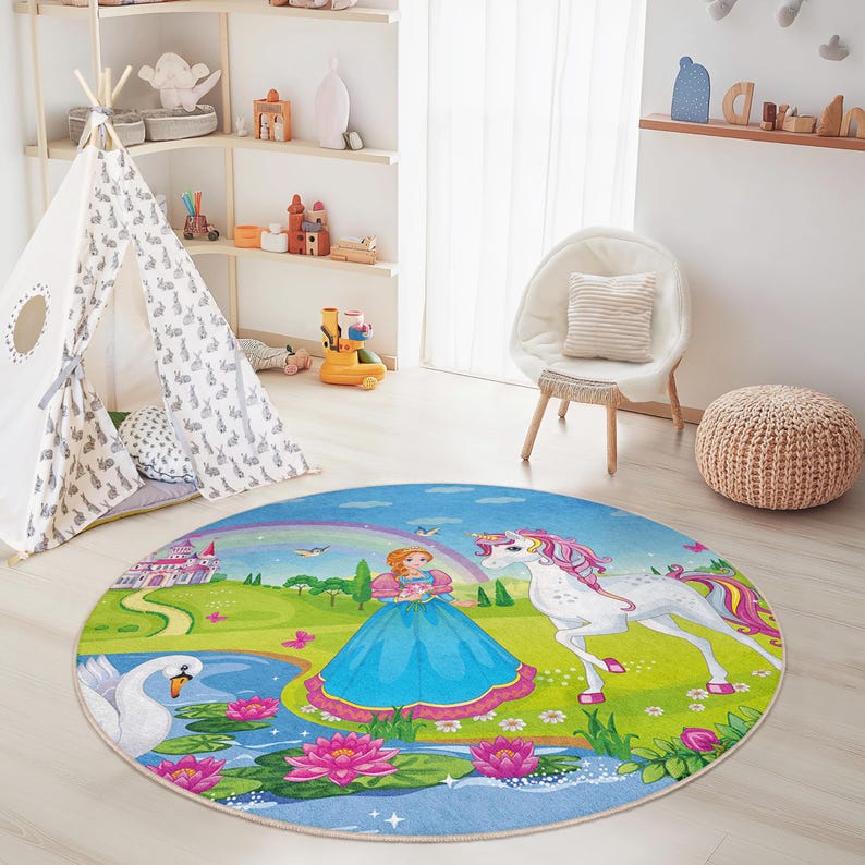 Fairy Rug Round Magical Princess Unicorn Round Kids Rug, Fairy Tale Play Mat, Colorful ...