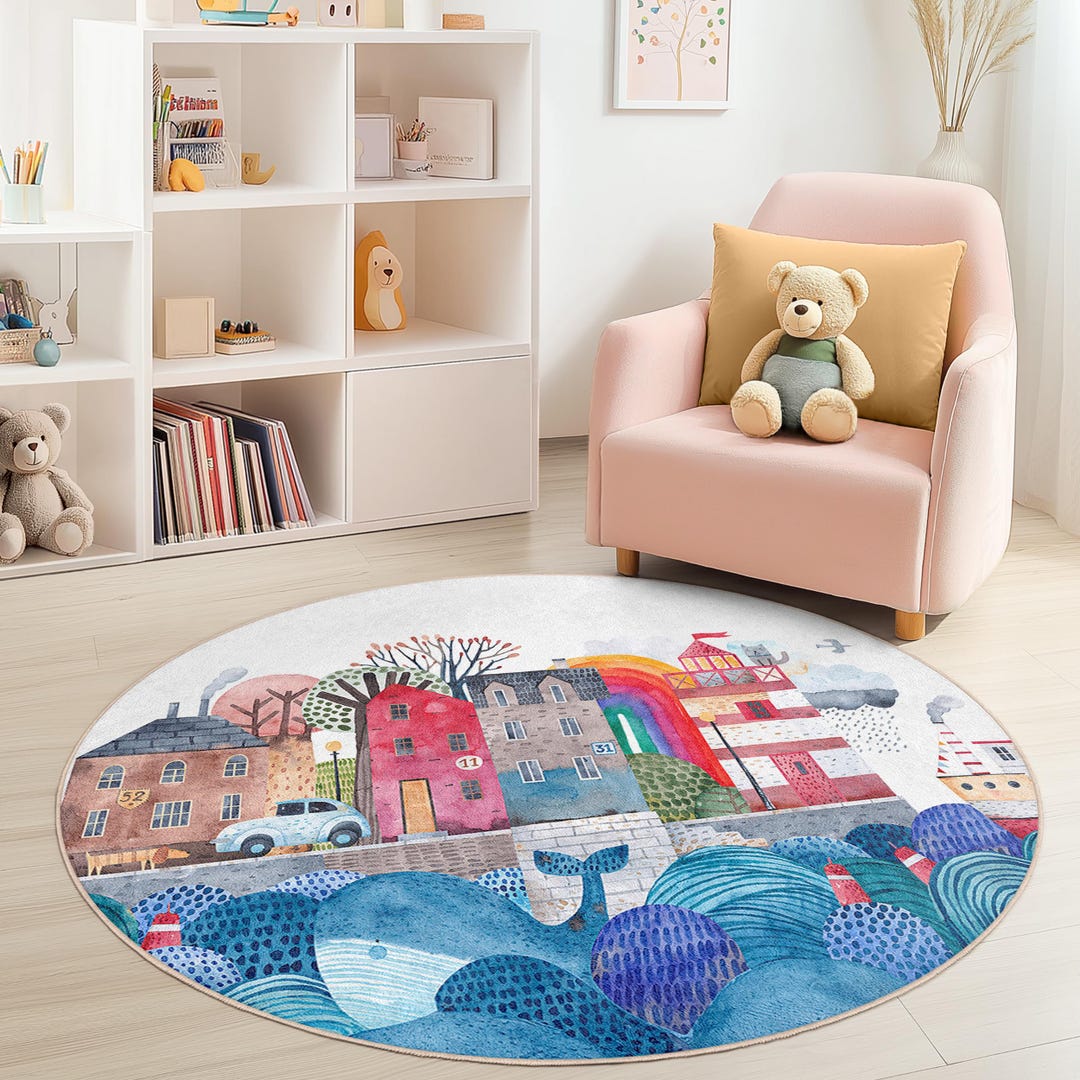 Round Children Rug Whimsical Coastal Town Round Kids Rug, Colorful Beach House Rug ...