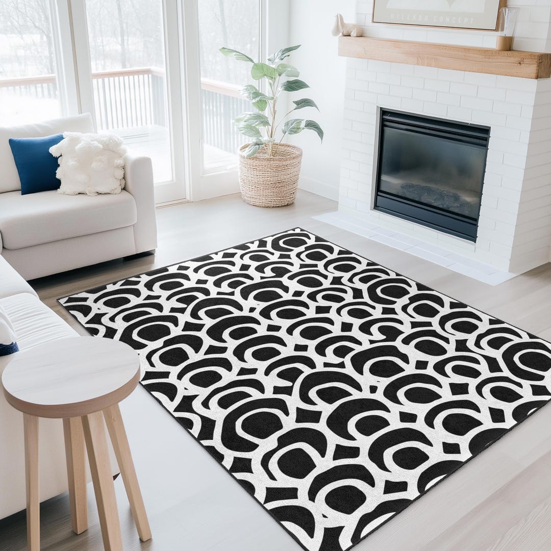 Chic Black and White Abstract Rug, Modern Home Decor - Etsy