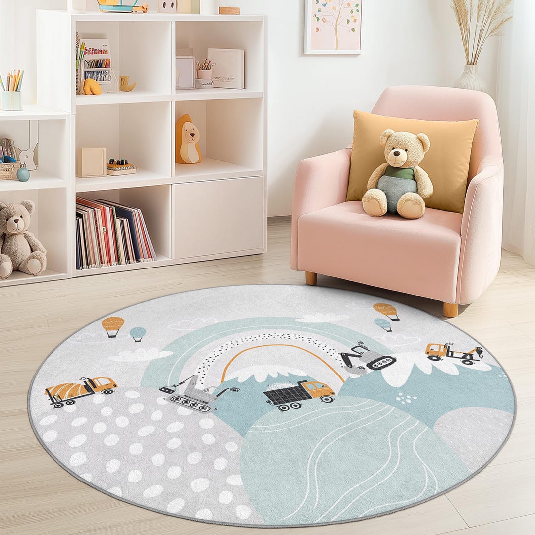 Construction Theme Round Kids Play Rug, Colorful Trucks and Hot Air ...