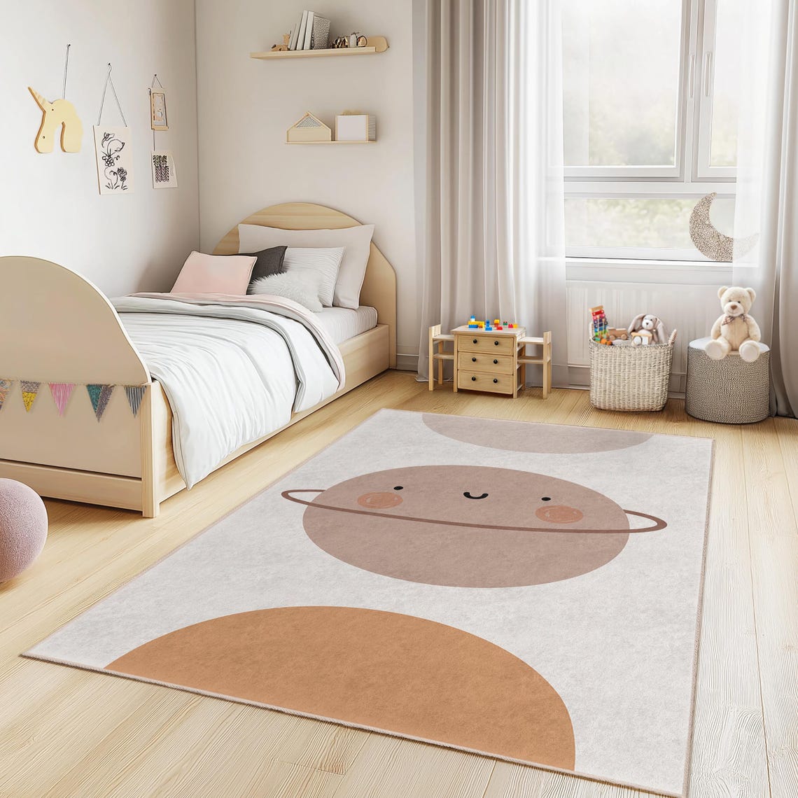 Cute Planet Themed Rectangular Kids Rug, Soft Cartoon Planet Carpet for ...