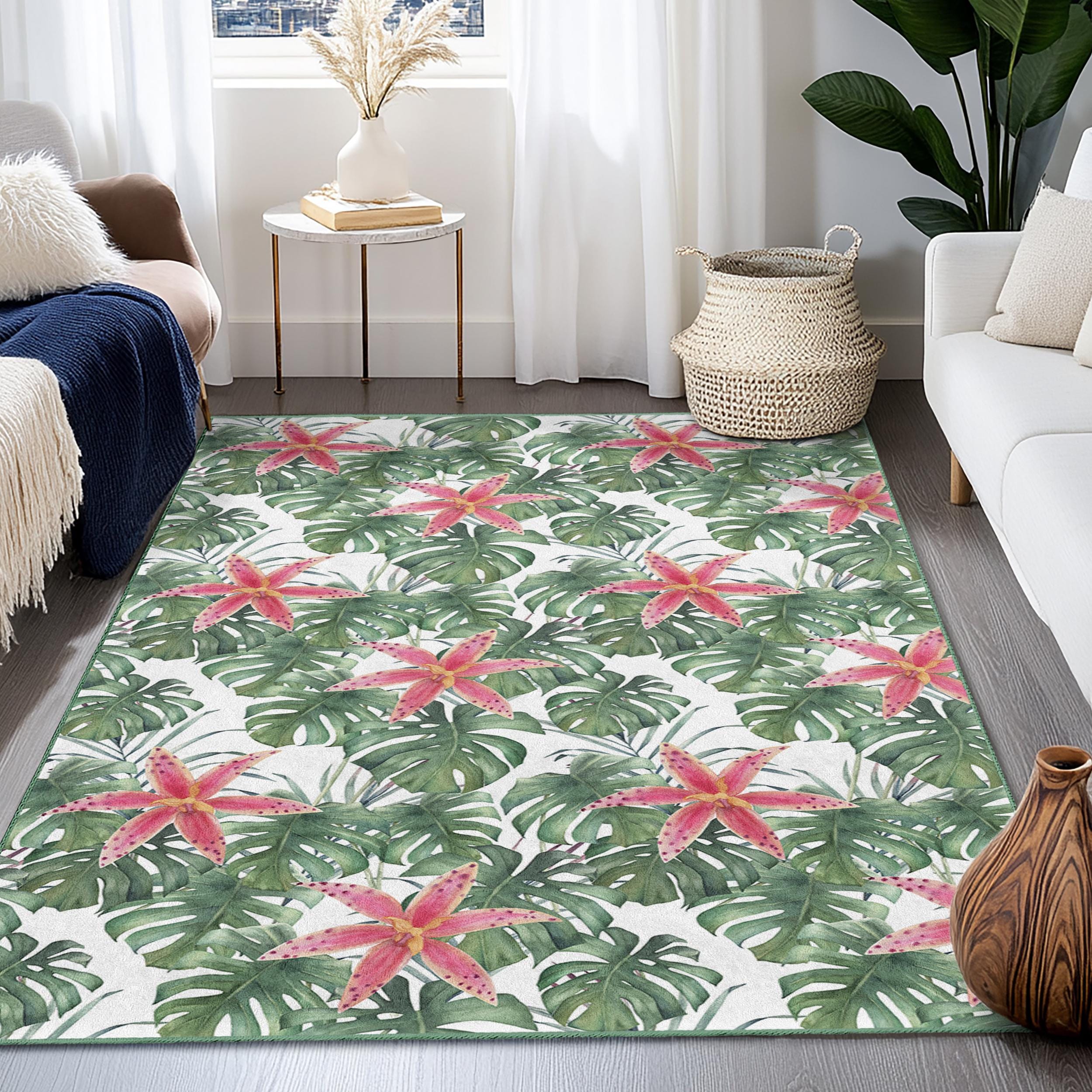 Floral Rectangular Rug Tropical Floral Rectangle Area Rug, Monstera Leaf and Pink Flower ...