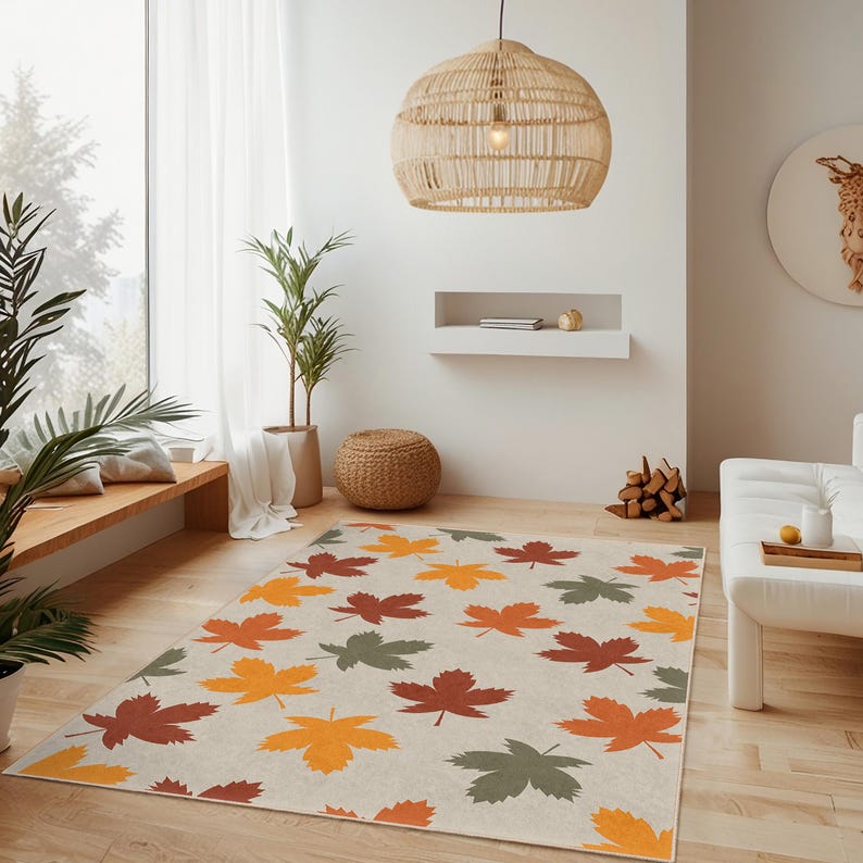Autumn Leaves Rectangular Area Rug, Leaf Pattern Floor Mat, Seasonal ...