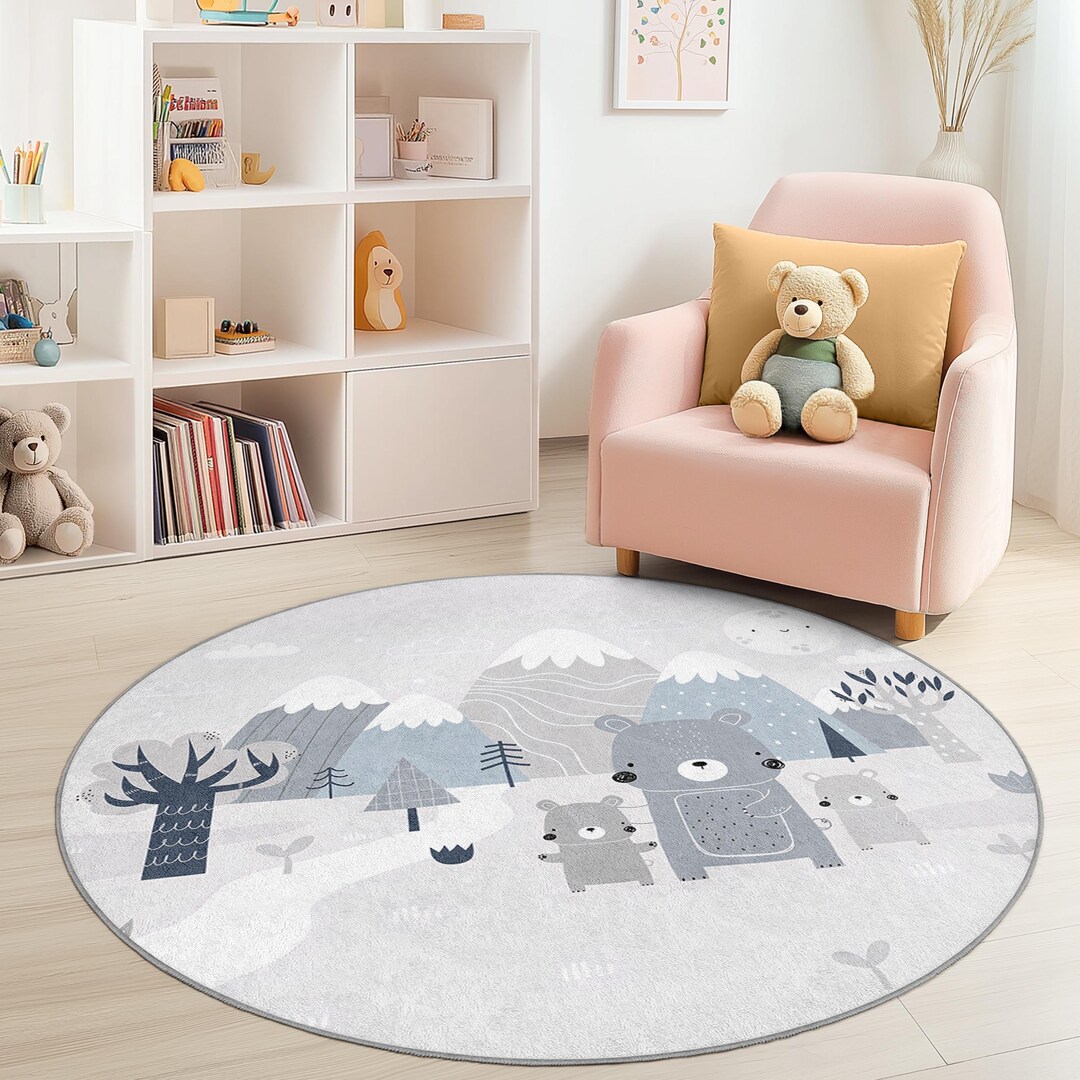 Cute Bear Family Round Kids Rug, Adorable Animal Kids Carpet, Playroom ...