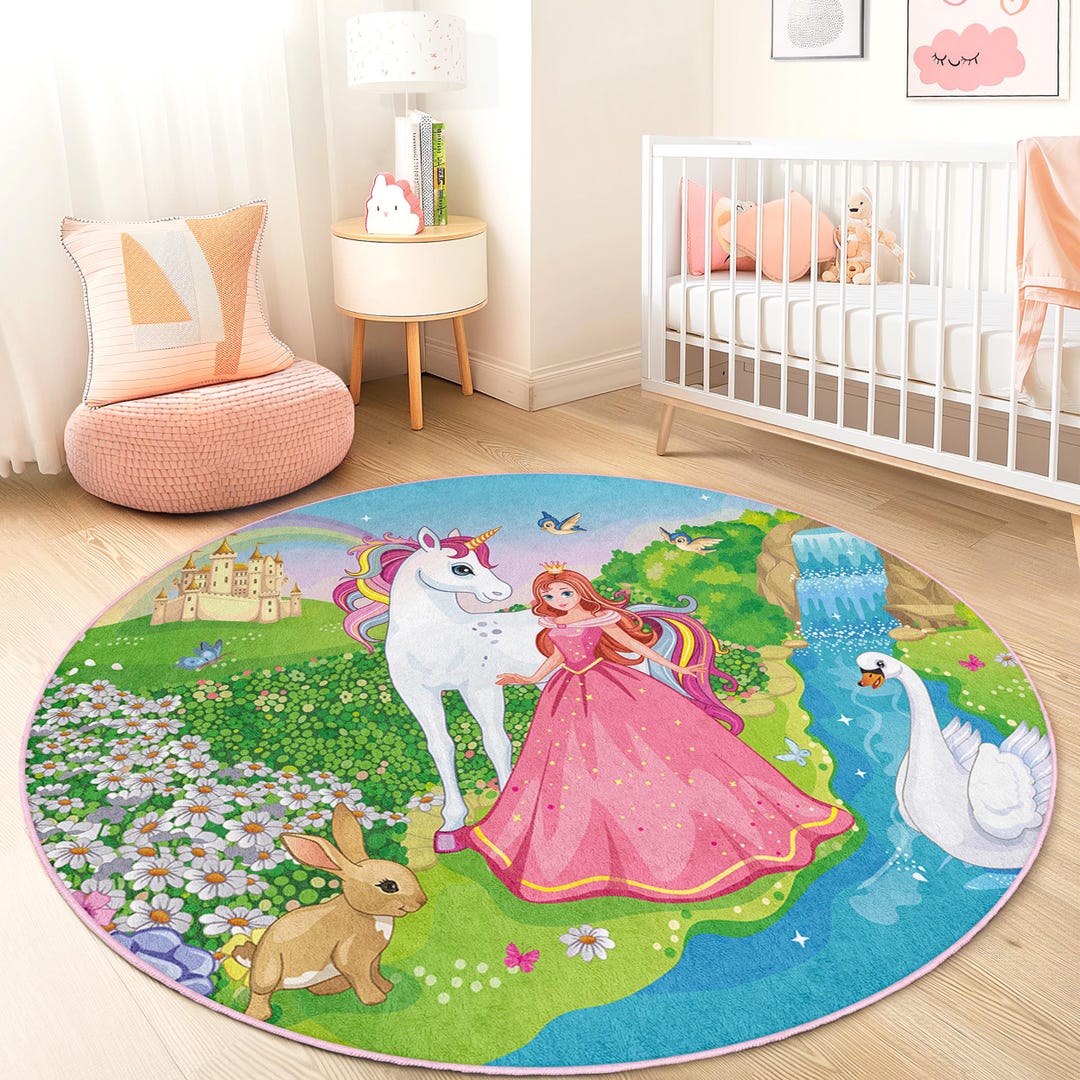 Magical Unicorn Round Kids Play Rug, Princess Themed Kids Room Rug ...