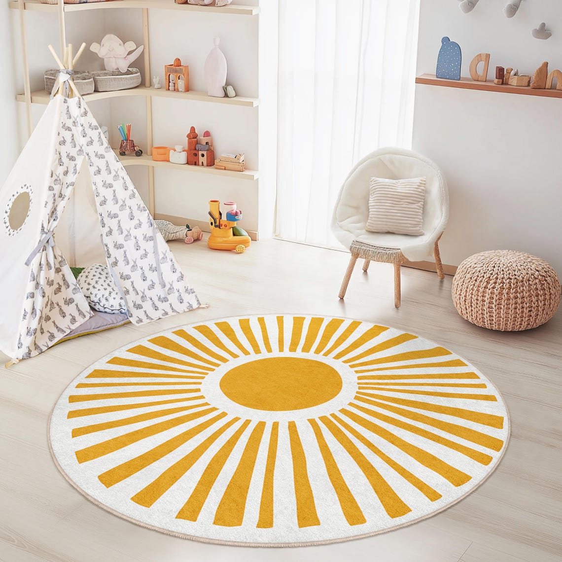 Sunburst Round Kids Play Rug, Yellow Sun Circle Rug, Circle Play Mat ...