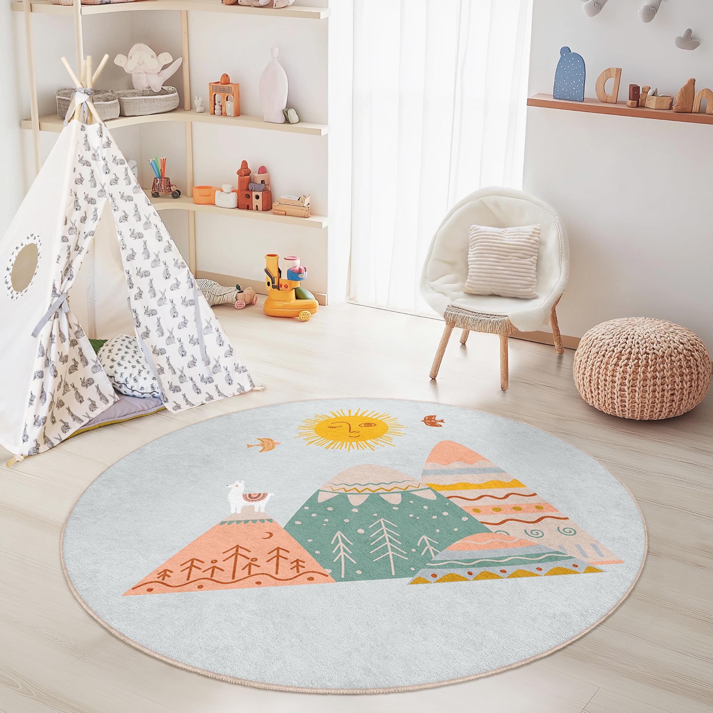 Whimsical Mountain Landscape Round Kids Rug, Soft Pastel Kids Room