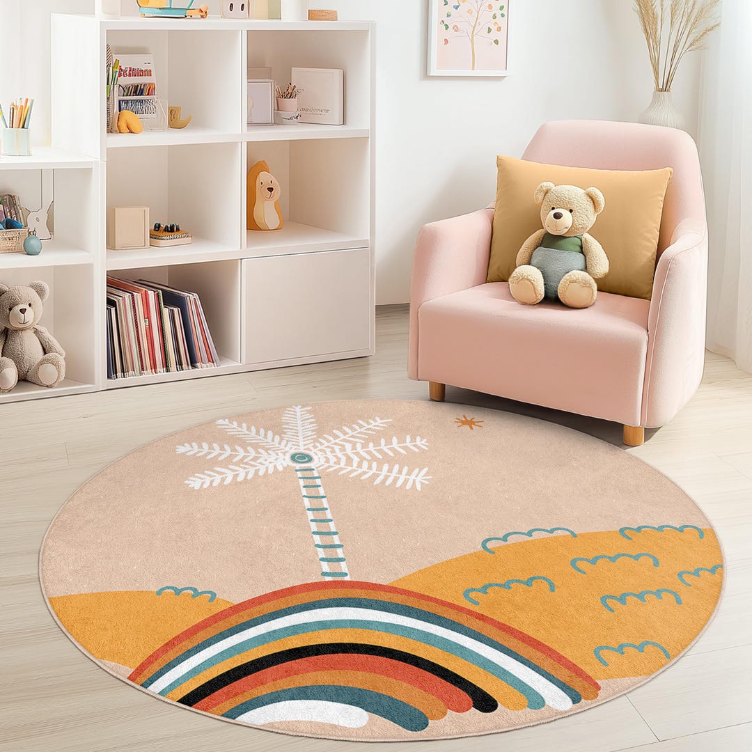 Colorful Rainbow Palm Tree Round Kids Rug, Playful Nursery Decor, Soft ...
