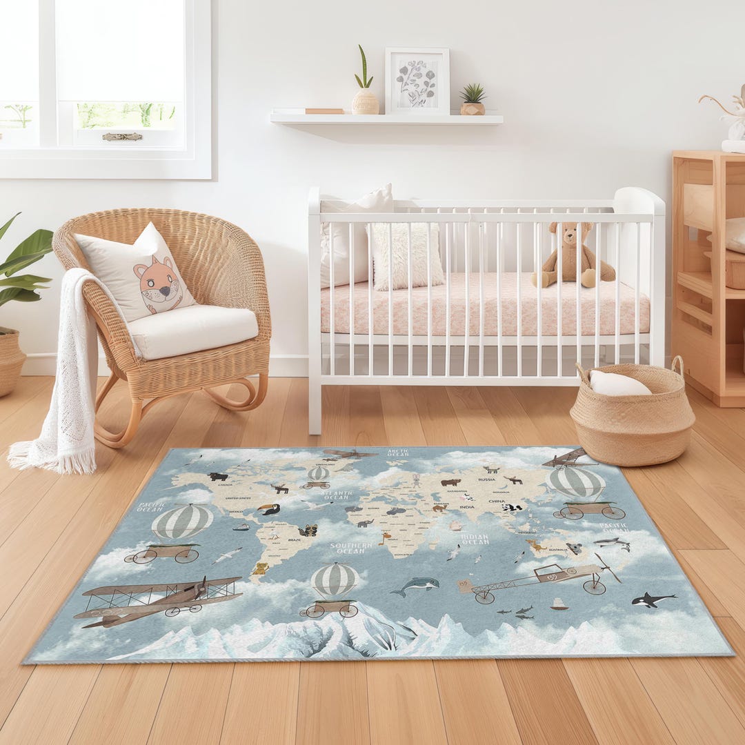 Vintage Airplane Adventure Rug, Kids Room Decor, World Map Rug ...