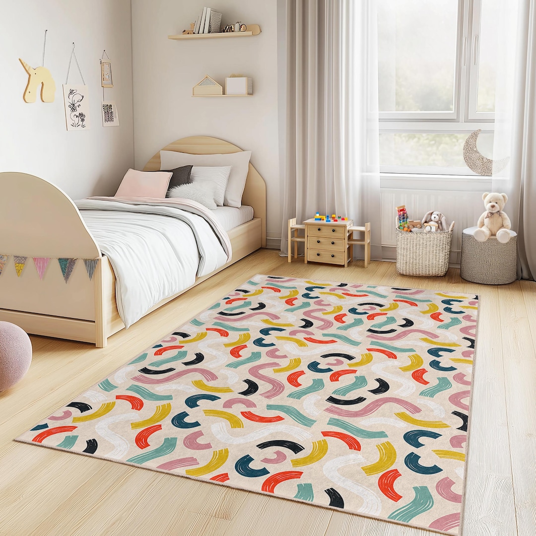 Textured Kids Rug Colorful Abstract Waves Rectangular Kids Rug, Playroom Carpet, Modern ...