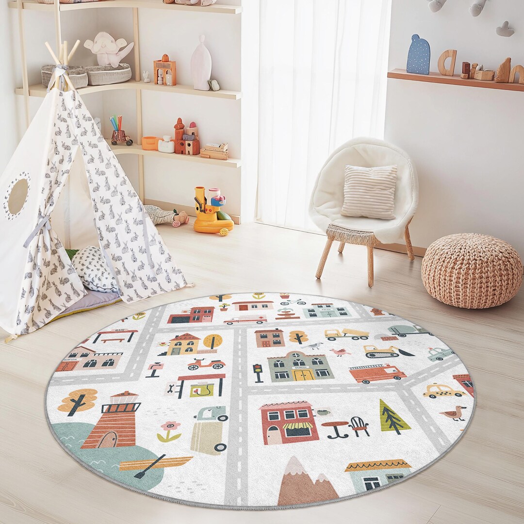 City Child Map Rug Whimsical City Map Round Kids Play Rug, Colorful Round Carpet for Kids ...