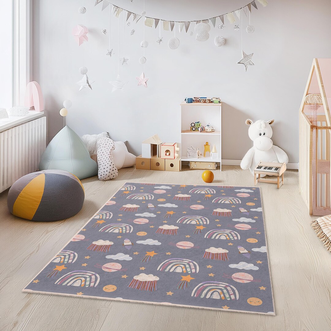 Colorful Rainbow Clouds Kids Rectangular Rug, Playroom Carpet, Nursery ...