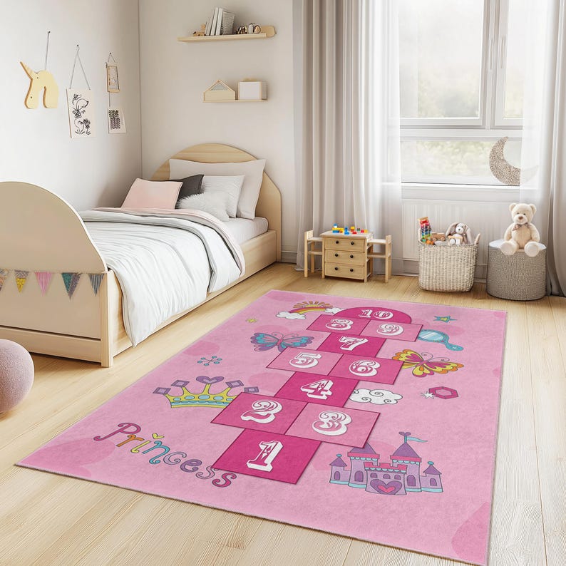 Princess Hopscotch Play Rug for Kids Room, Rectangle Kids Carpet, Soft ...