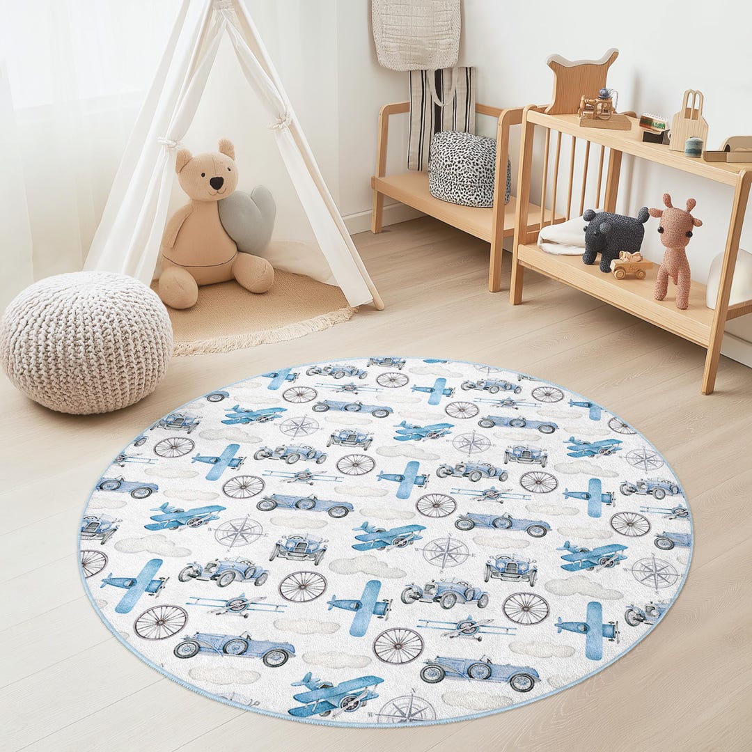 Round Children Rug Vintage Transport Themed Round Kids Rug, Airplane and Car Pattern ...