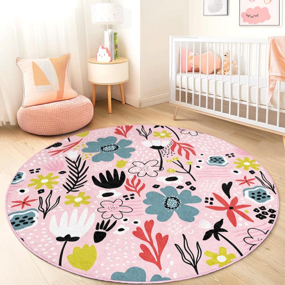 Buy Floral Pattern Round Kids Area Rug, Pink Flower Playroom