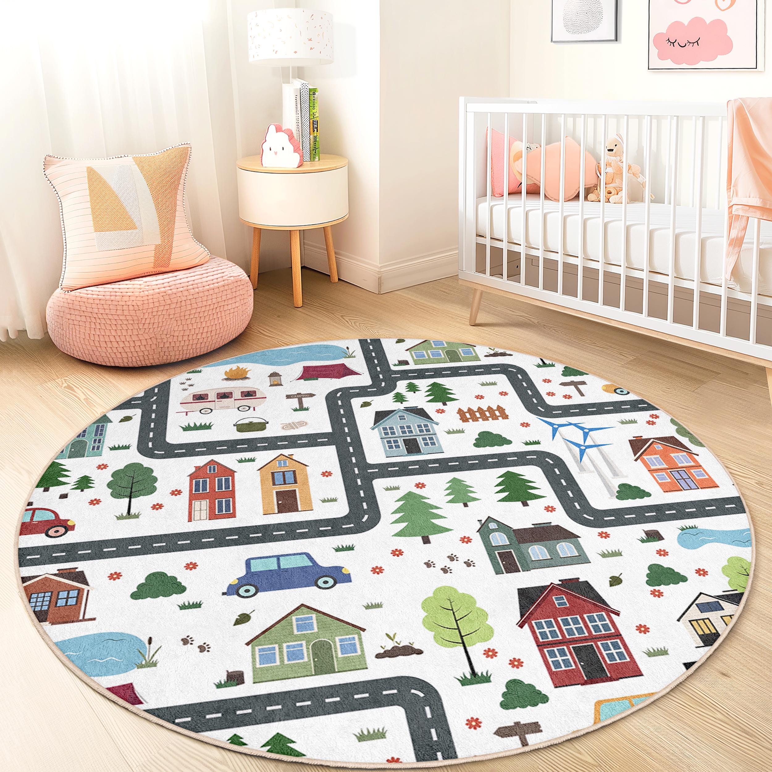Town Rug Child Playful Round City Map Kids Rug, Interactive Play Mat for Children's ...