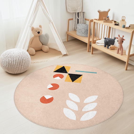 Alfombra redonda con patrón geométrico para niños, colorida