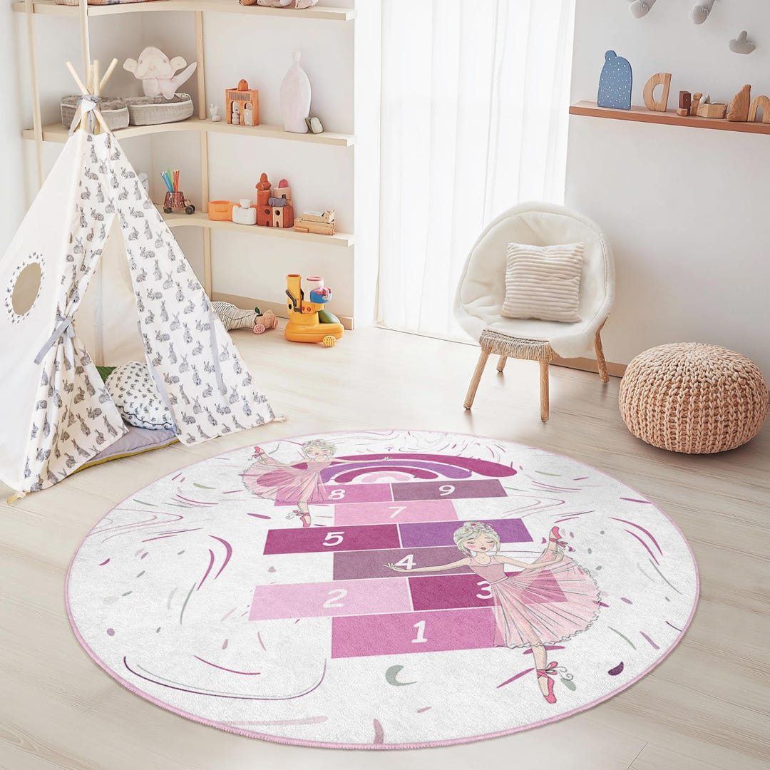 Ballet Dance Round Kids Rug, Hopscotch Play Mat for Girls, Ballet ...