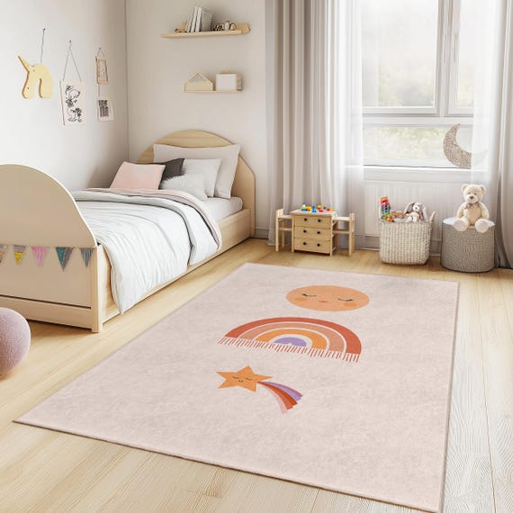 Cute Rainbow and Star Kids Rug, Colorful Nursery Decor