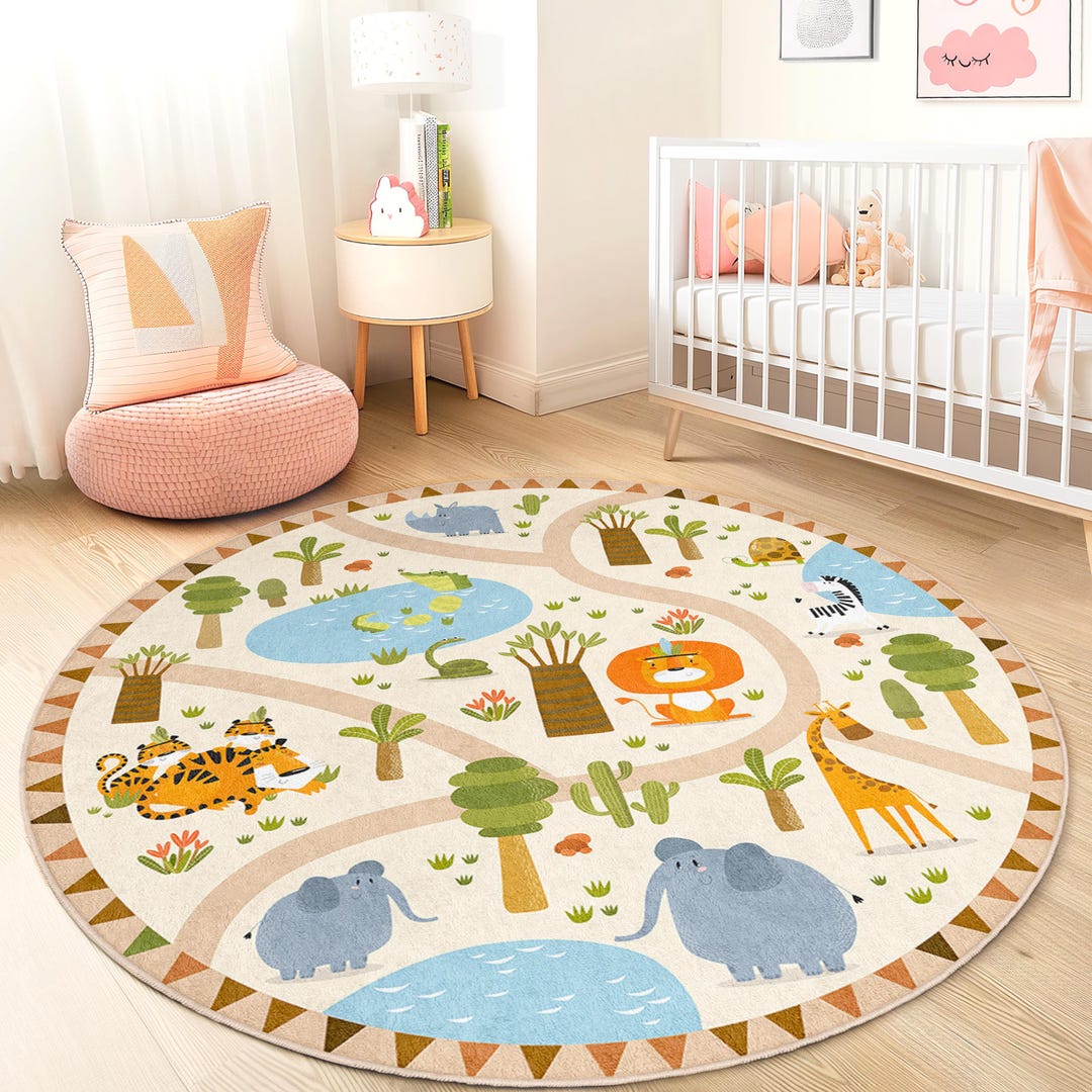Kids Play Rug Fantasy Safari Adventure Round Kids Play Rug, Jungle Animal Kids Carpet ...