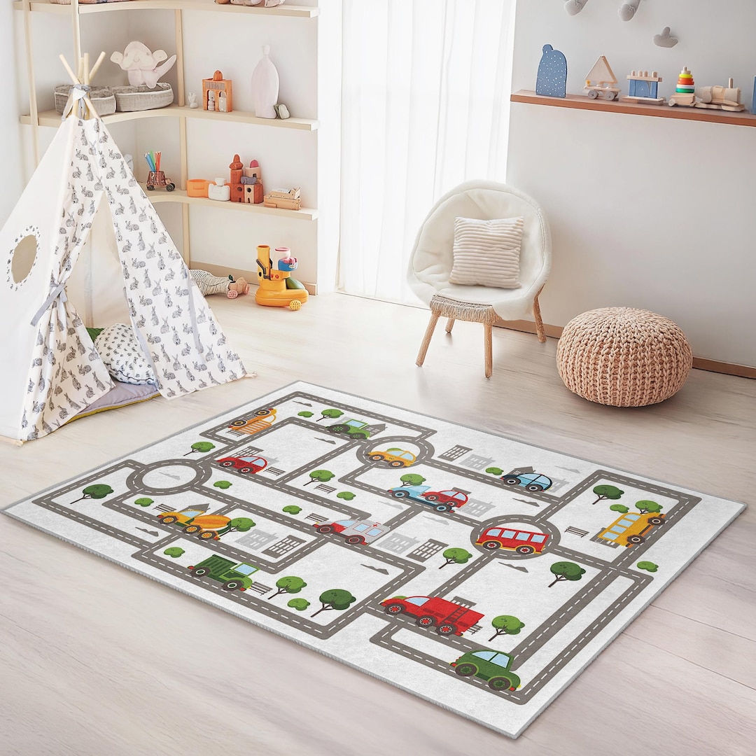 Colorful Road Map Kids Rug, Rectangular Play Rug for Kids Room ...