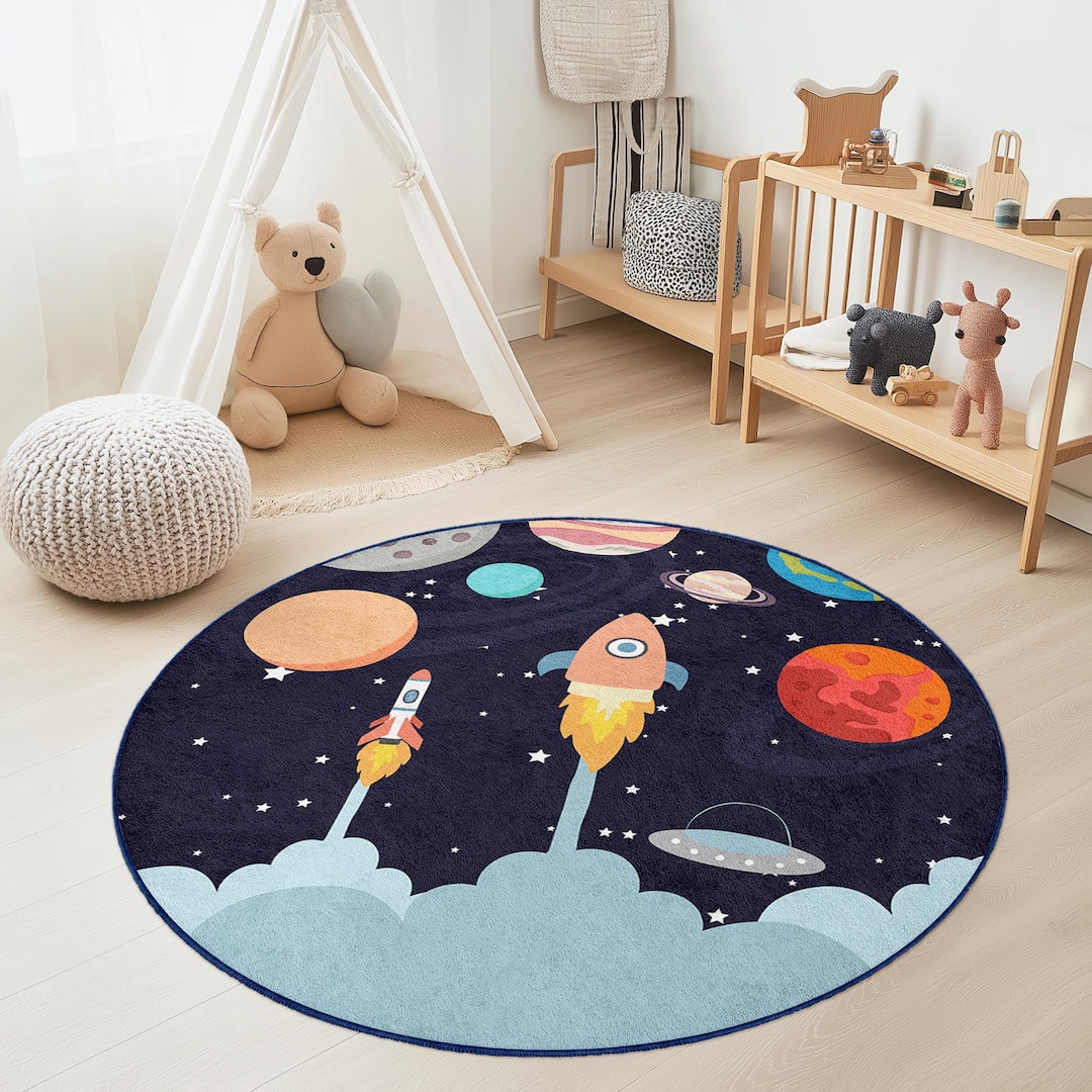 Rocket Circular Rug Rocket Ship Adventure Round Kids Rug, Space Theme Play Mat, Outer Space ...