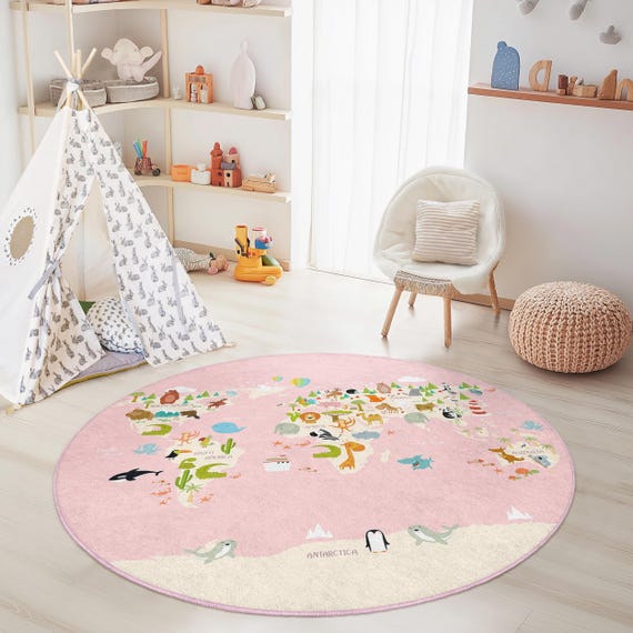 World Map Kids Play Rug, Round Animal Adventure Rug, Nursery Decor