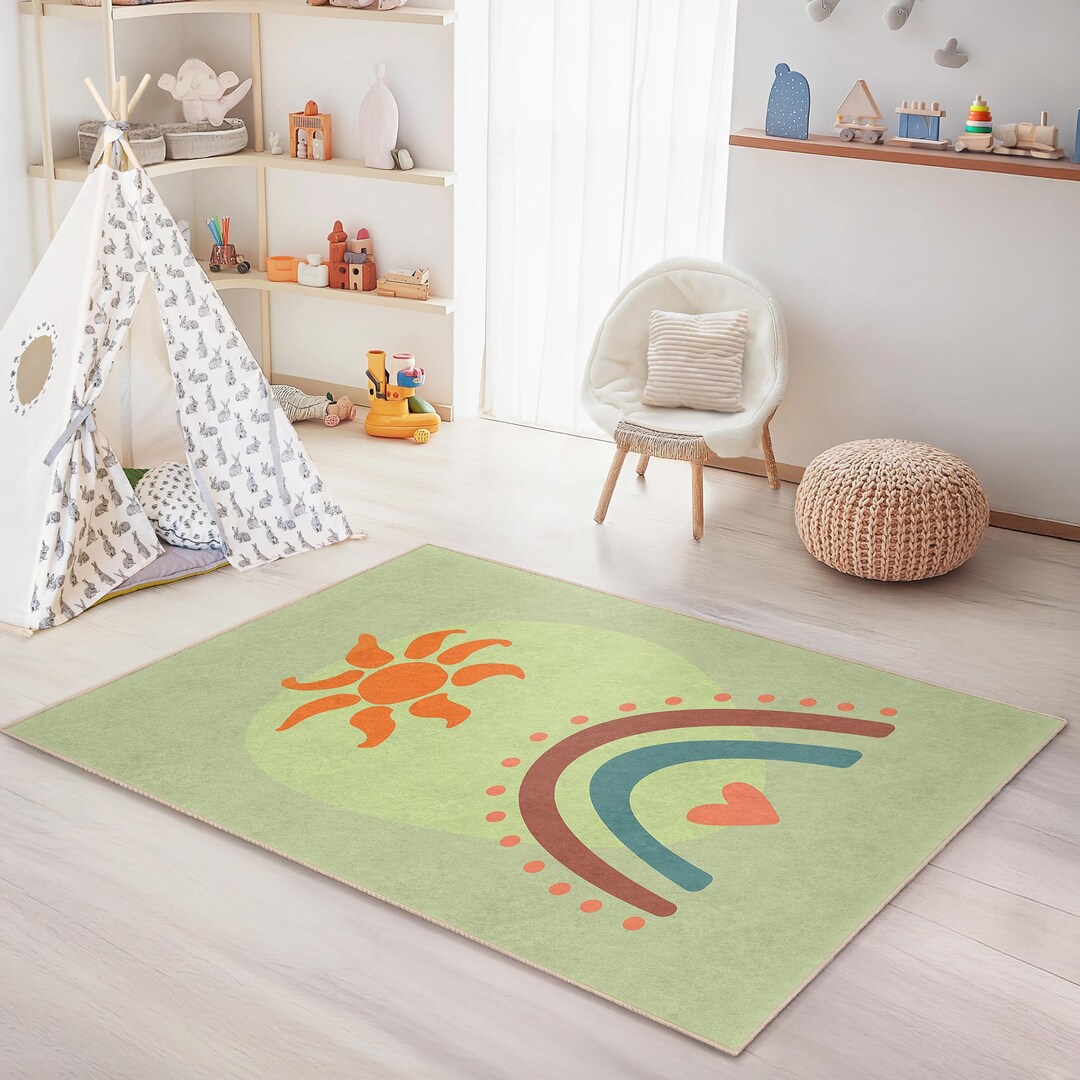 Rainbow Sun Kids Rectangular Rug, Colorful Playroom Carpet, Nursery ...