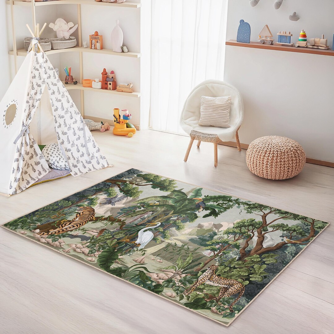 Kids Ranch Rug Jungle Adventure Rectangular Kids Rug, Animal Print Playmat, Safari ...