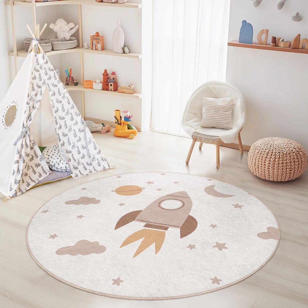 Rocket Circular Rug Rocket Adventure Round Kids Rug, Space Theme Nursery Carpet, Playroom ...
