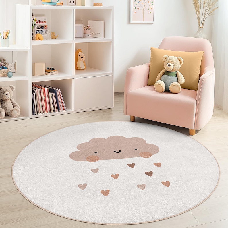 Cute Cloud Round Kids Rug, Adorable Nursery Rug, Soft Playroom Carpet ...
