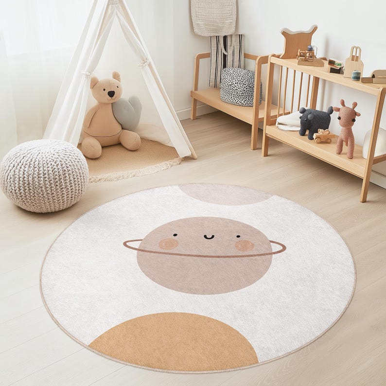 Cute Planet Round Kids Rug, Space Theme Nursery Mat, Playroom Decor ...