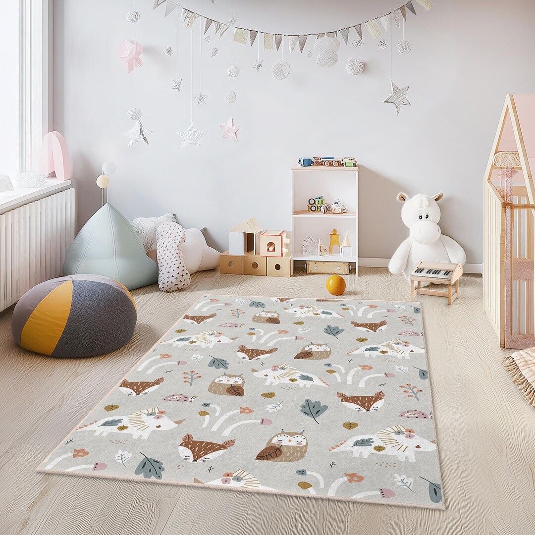 Whimsical Forest Animals Kids Rug, Rectangular Playroom Carpet, Cute ...