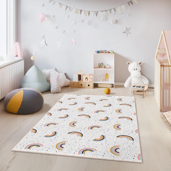 Rainbow Patterned Rectangle Kids Rug, Playroom Carpet for Children