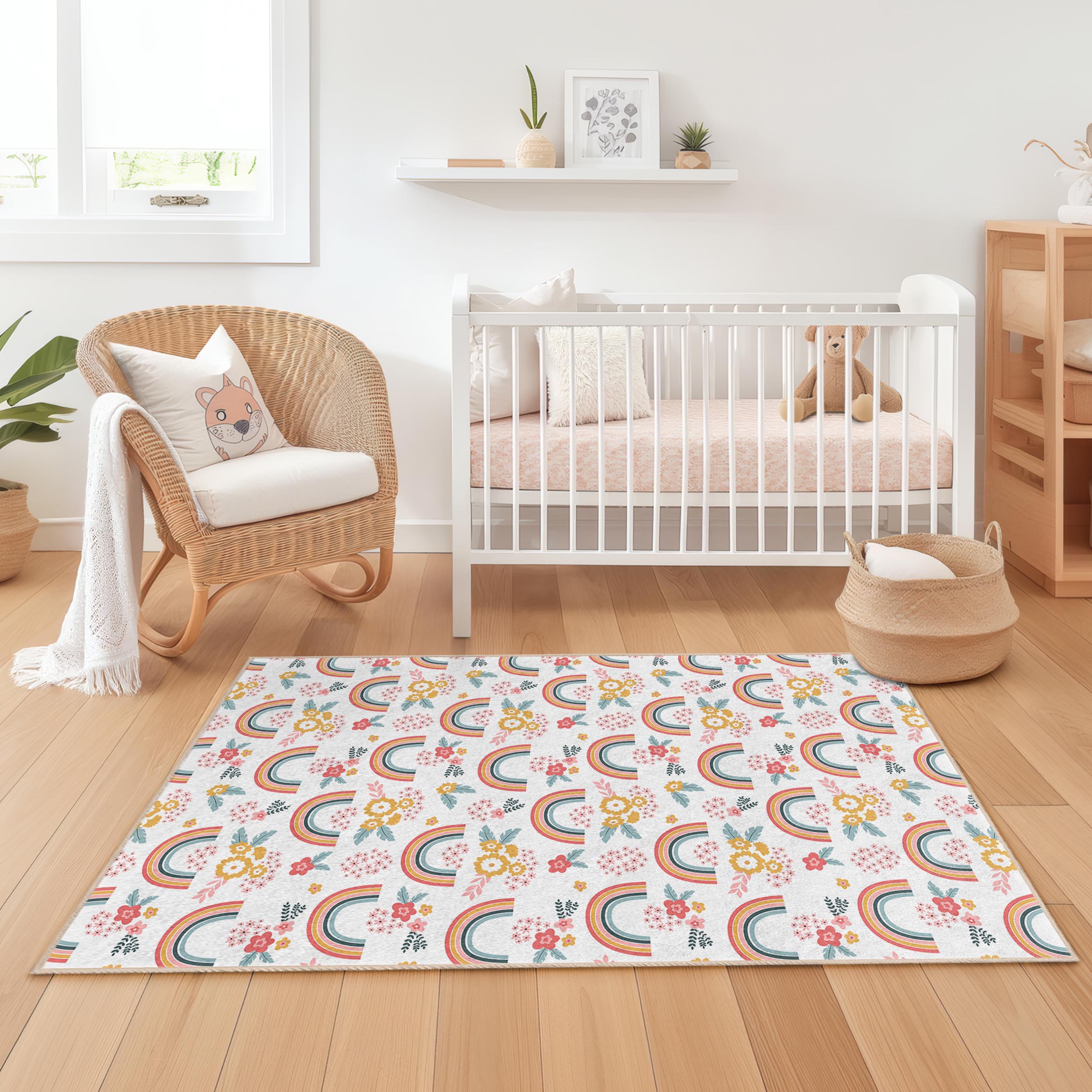 Child Rug Patterns Rainbow Floral Themed Rectangular Kids Rug, Colorful Flower Kids Carpet ...