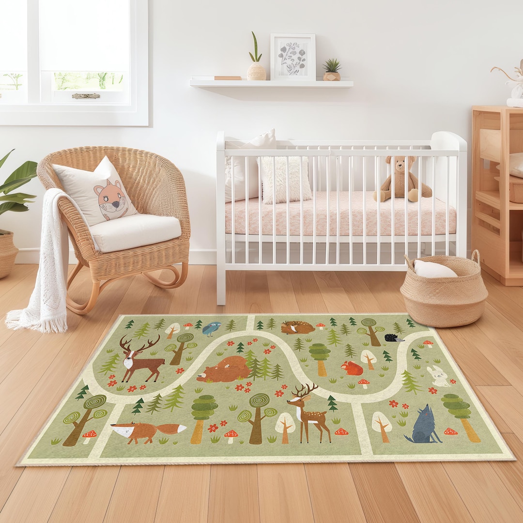 Forest Adventure Kids Rug, Animal Theme Rectangular Carpet, Playroom ...