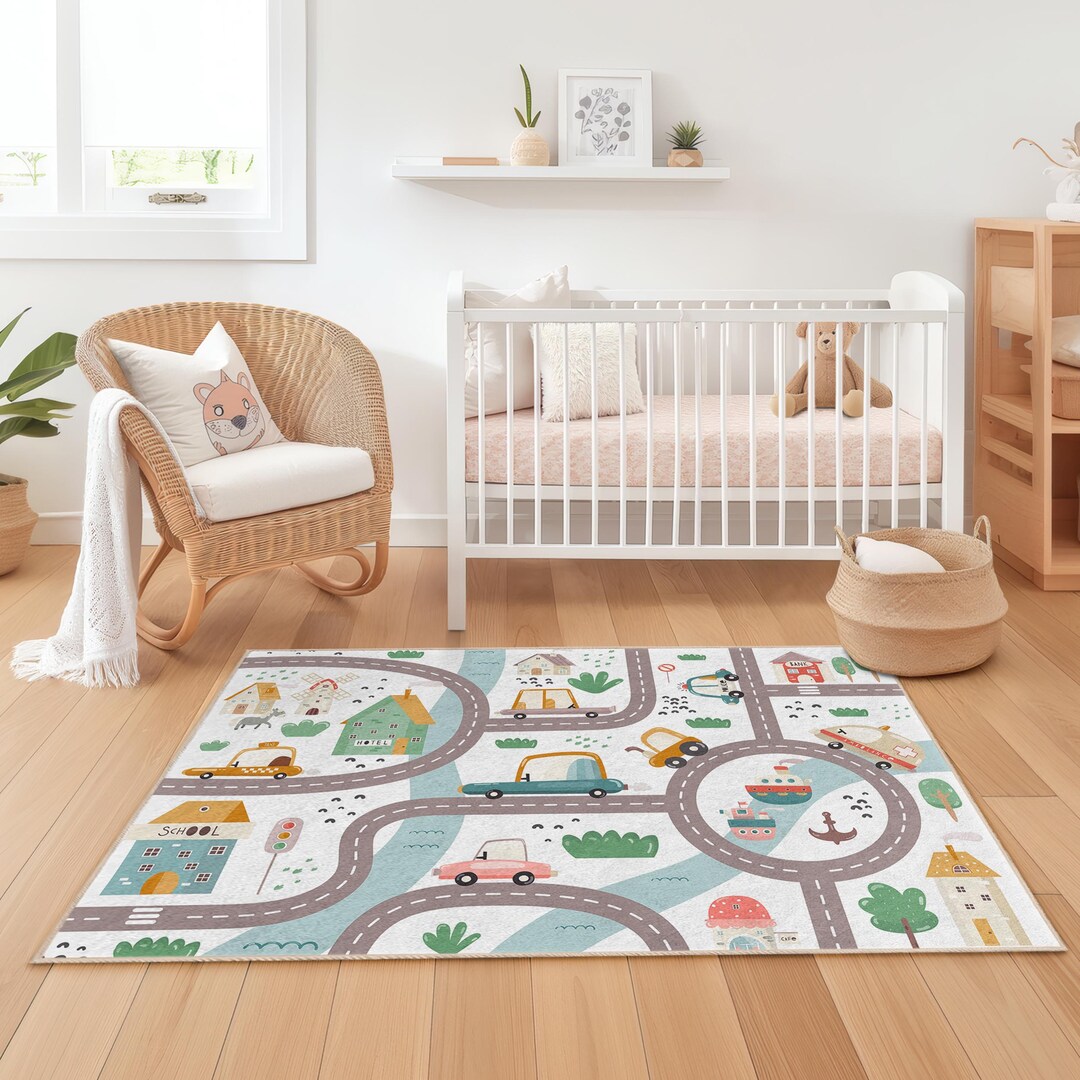 Colorful Road Map Kids Rug, Rectangle Play Mat for Children's Room, Fun ...