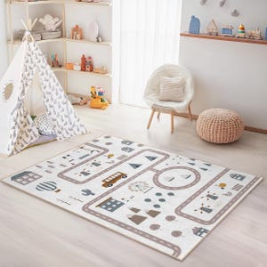 Whimsical Road Map Kids Rug, Playful Rectangle Carpet for Children's Room, Soft Play Mat for Nursery Decor, Interactive Kids Play Rug