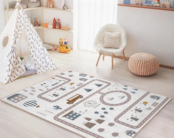 Whimsical Road Map Kids Rug, Playful Rectangle Carpet for Children's Room, Soft Play Mat for Nursery Decor, Interactive Kids Play Rug