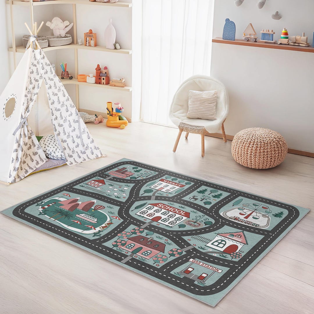Kid Core Rug Playful City Roads Kids Rug, Interactive Rectangle Rug for Playroom ...