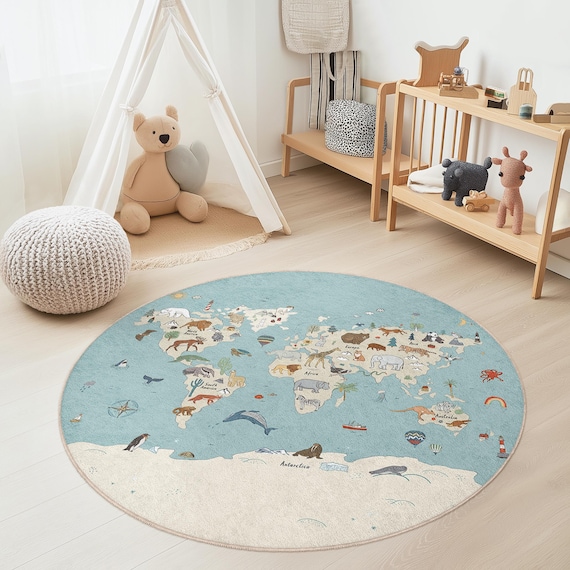 World Map Interactive Kids Round Rug, Animal Themed Play Mat