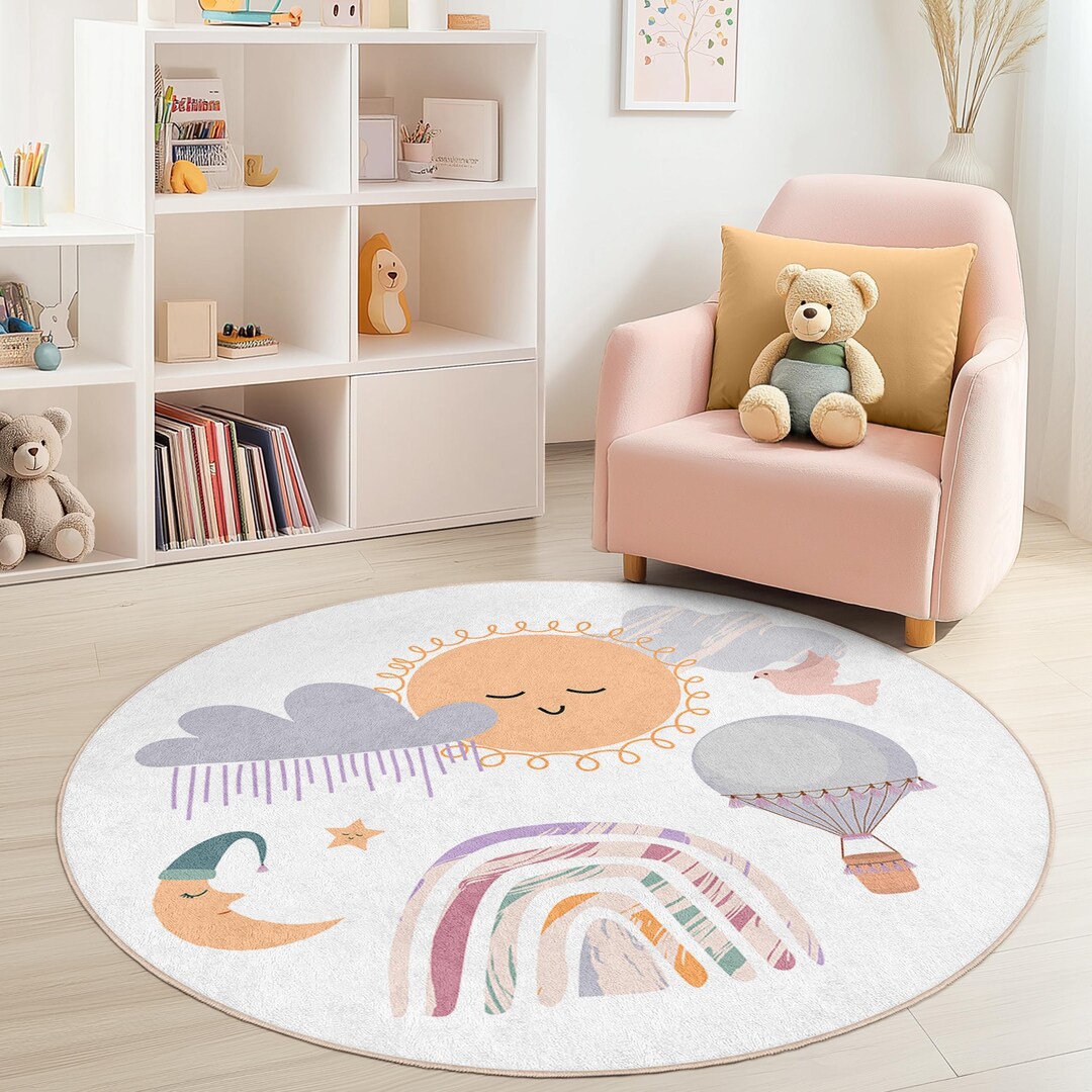 Kids Play Rug Fantasy Sunny Day Round Kids Play Rug, Sky Theme Rug for Nursery, Cute Rainbow ...