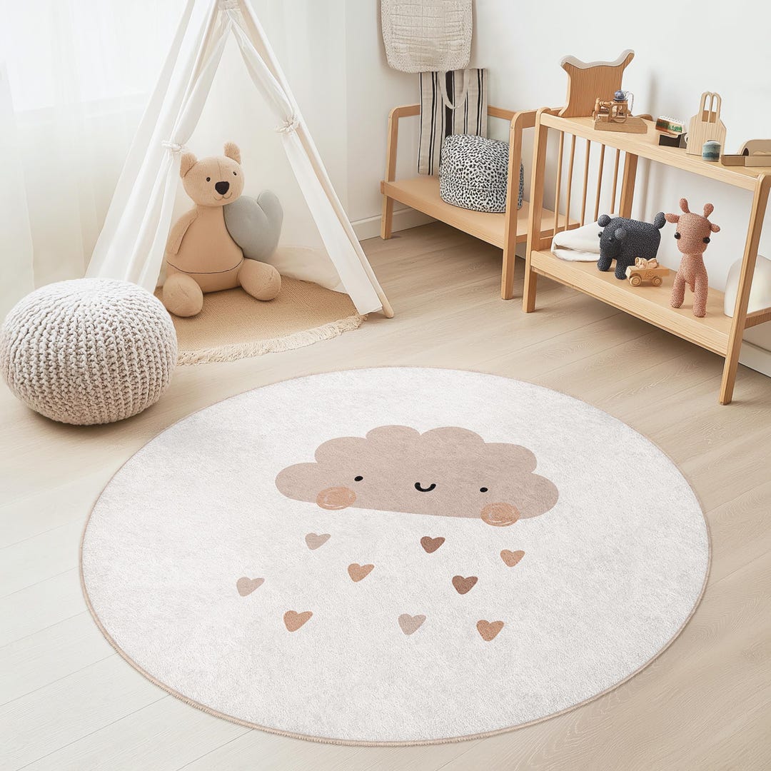 Cute Cloud Round Kids Rug, Adorable Nursery Rug, Soft Playroom Carpet ...