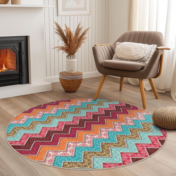 Chevron Pattern Round Area Rug, Colorful Zigzag Round Rug for