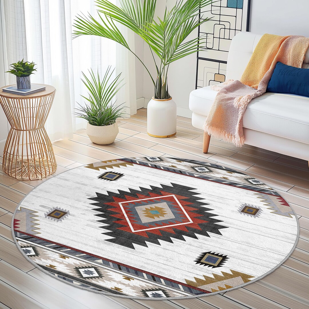 Boho Round Geometric Boho Round Area Rug, Modern Circle Carpet, Stylish Living ...