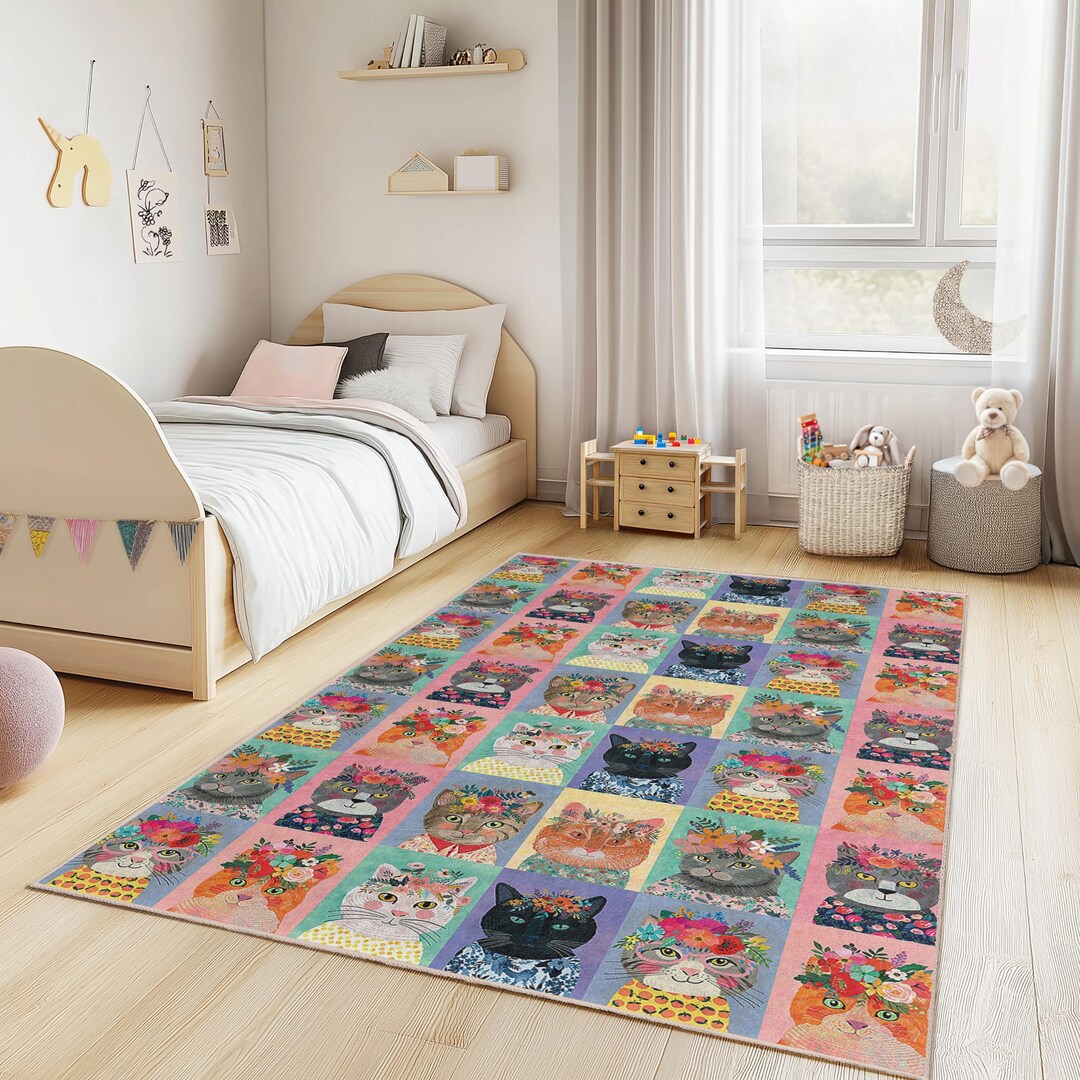 Child Rug Patterns Floral Cat Pattern Kids Rug, Rectangular Cat Rug for Children's Room ...