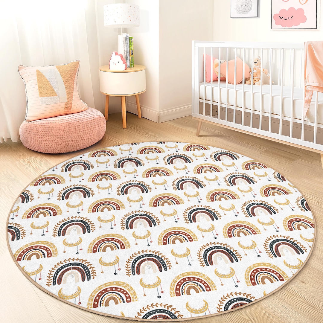 Child Rug Patterns Rainbow Pattern Round Kids Rug, Colorful Playroom Carpet, Soft Nursery ...