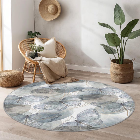 Watercolor Butterfly Round Area Rug, Soft Butterfly Carpet for