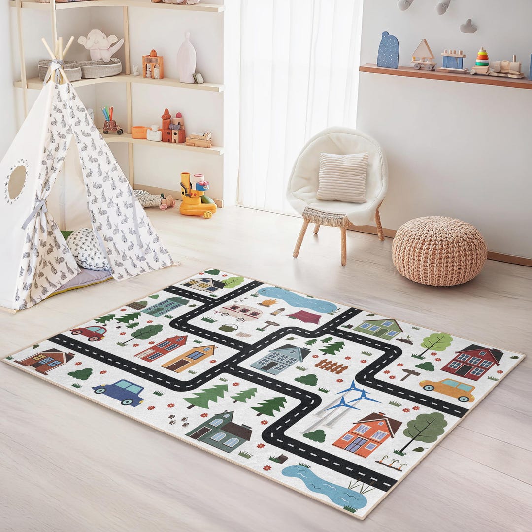 Colorful Road Map Kids Area Rug, Rectangular Playroom Carpet, Fun ...